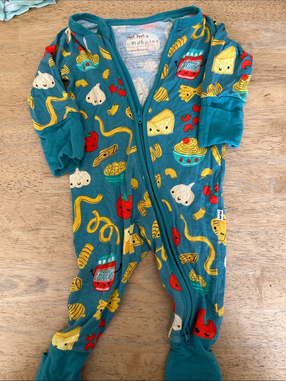 Little sleepies pasta  Collection Teal Food-Print Zippered Baby Footie